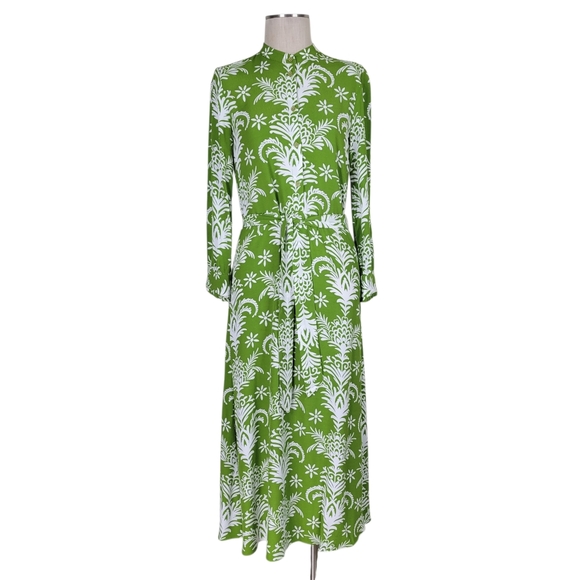 Zara Lilou Midi Dress Size S Green White Tropical Floral Belted Flowy Viscose - Picture 2 of 11